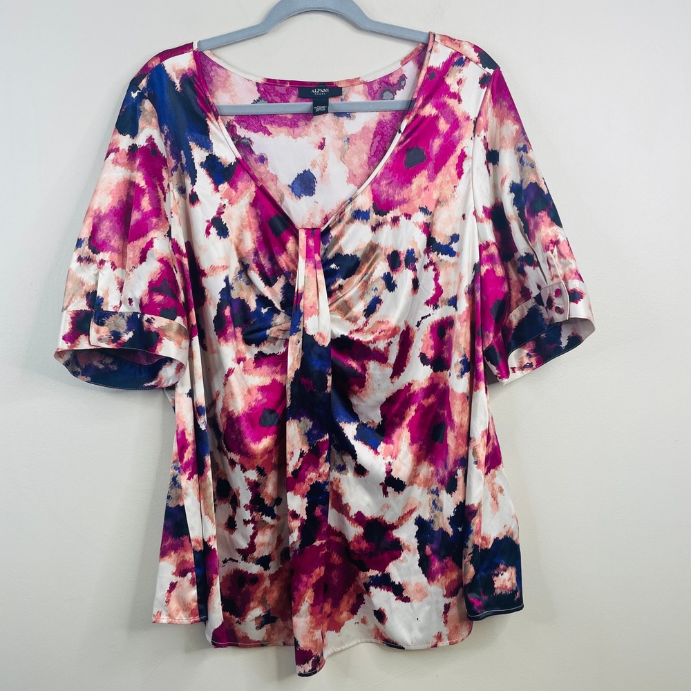 Alfani Art To Wear Satin Top Womens 20W Babydoll Silky Abstract Colorful Party
